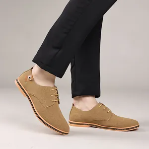 Close-up of classic men's tan frosted leather derby shoes with elegant lace-up closure