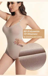Detail of seamless tummy control bodysuit showing ribbed fabric and material specs