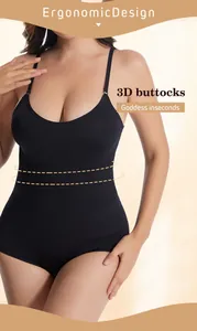 Detail view of seamless black bodysuit shapewear featuring ergonomic tummy control compression.