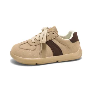 Retro German Army Trainer style khaki suede sneaker for women with dark brown stripes