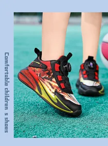 Detailed view of boys' athletic basketball shoes with fiery pattern and rotary buckle