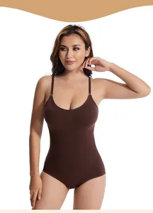 Full front view of a woman wearing a chocolate brown seamless tummy control bodysuit