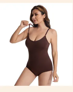 Premium seamless brown bodysuit shapewear with thin adjustable straps for effective tummy control.