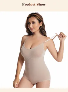 Detailed view of seamless beige bodysuit shapewear with tummy control feature