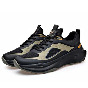 Men's trendy black breathable mesh sneakers with lightweight cushioned thick foam sole