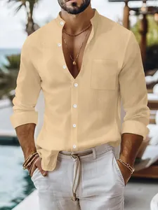 Premium men's casual linen shirt with stand collar and long sleeves in sandy beige
