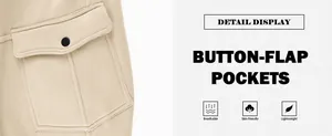 Vista detallada del pantalón cargo de felpa caqui para hombre con bolsillo de solapa.