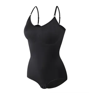 Black seamless bodysuit shapewear with adjustable straps for tummy control