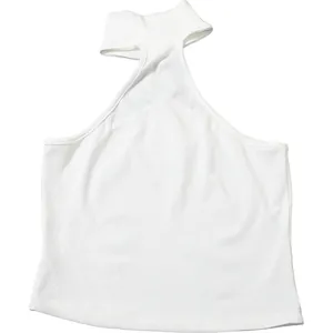 Canotta halter bianca a costine, dettaglio crop top estivo senza maniche chic.