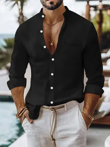 Detailed view of the mandarin collar and black cotton-linen texture on a men's casual shirt