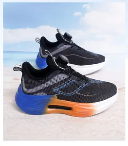 Men's breathable mesh running shoes with rotary buckle and gradient shock-absorbing sole.