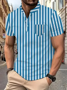 Close-up view of blue and white vertical striped men's polo shirt with chest pocket detail