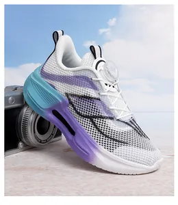 Detail of breathable mesh running shoe with teal and purple gradient sole by a camera