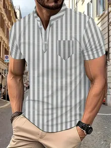 Detailed view of a men's grey and white vertical striped polo shirt with chest pocket.