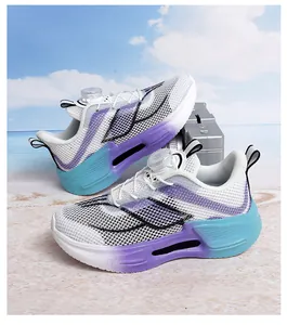 Detail view of breathable mesh running shoes with purple and teal gradient soles