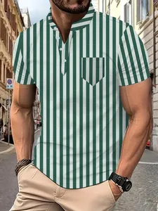 Detail of a men's green and white vertical striped polo shirt for summer wear.
