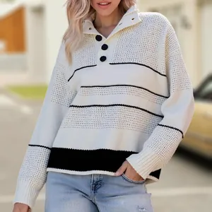 Dames Gestreept Gebreide Trui Kleurblok Knoop Semi-hoge Kraag Lange Mouw Pullover Acryl Warm Top
