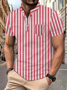 Detail view of a men's stylish red and white vertical striped short sleeve polo shirt