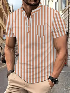 Detailed close-up showing orange and white vertical stripes on a stylish men's polo shirt