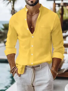 Men's bright yellow linen long sleeve shirt featuring a stand collar and chest pocket