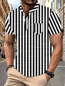 Detail view of a men's black and white vertical striped short-sleeve polo beach shirt.