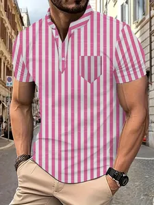 Detailed view of pink and white vertical striped men's polo shirt with a chest pocket