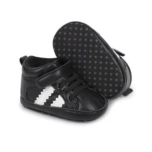 Black high-top baby pre-walker sports shoes with white zigzag stripes and soft sole