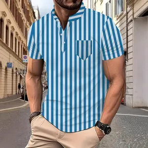 Men's Striped Polo Shirt Summer Casual Short Sleeve Beach Top Polyester Printed Regular Fit Fashion Male Clothing