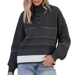 Stijlvolle gestreepte color-block gebreide trui met halve knoopkraag en lange mouwen