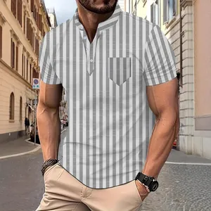 Stylish men's grey and white vertical striped short sleeve Polo shirt for summer casual wear.