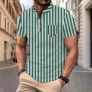 Men's casual green and white vertical stripe short sleeve polo shirt for summer beach