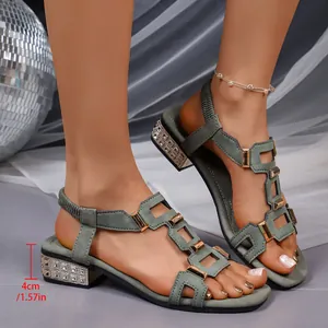 Women Roman Style Hollowed Sandals Rhinestone Low Heel Square Buckle PU Leather Fashion Beach Party Shoes White Black Silver Sage Green