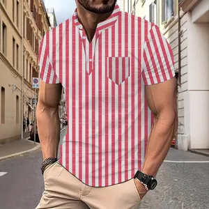 Men's stylish red and white vertical striped short sleeve beach polo shirt for summer