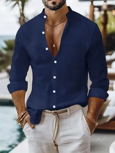 Men's navy blue linen shirt with mandarin collar and long sleeves for casual style
