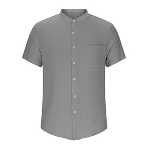 Detail view of grey men's short sleeve casual shirt with Henley stand collar and pocket