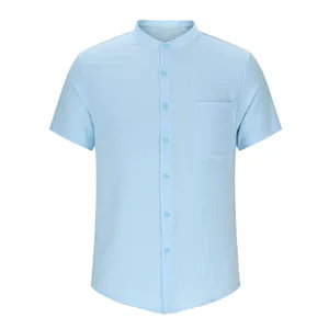 Front view of light blue loose casual Henley shirt with stand collar and pocket detail