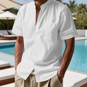 Men's Casual Short Sleeve Henley Shirt American Hawaiian Style Loose Fit Stand Collar Solid Color Summer Beach Top With Pocket