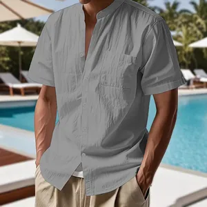 Men's loose fit grey Henley shirt short sleeves for summer vacation resort style
