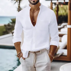 Men's casual white cotton linen long sleeve shirt with stand collar and pocket