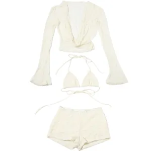 White lace 3-piece set with long sleeve v-neck top, halter bikini and shorts.