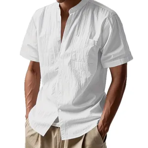 Men's loose casual short sleeve shirt with Henley stand collar in breathable white fabric