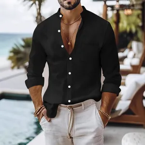 Men's casual long sleeve black cotton linen shirt with stand collar and pocket