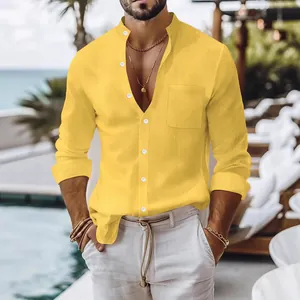 Men's casual yellow cotton linen long sleeve shirt with stand collar for beach or business.