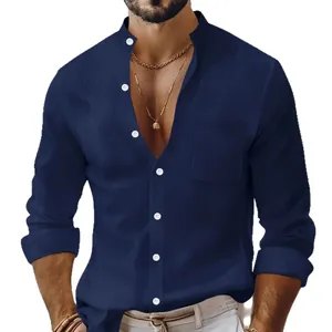 Men's casual solid navy blue cotton linen long sleeve shirt with stand collar and pocket