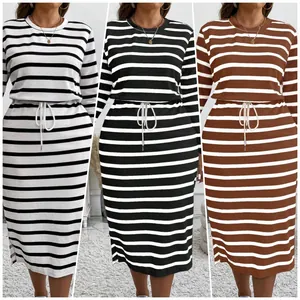 Comparison of plus size horizontal striped long sleeve drawstring dresses in three colors.