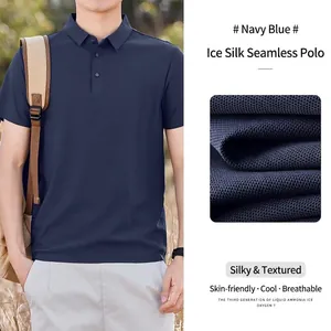 Detail of men's navy blue ice silk cooling polo shirt with seamless high-elastic fabric.