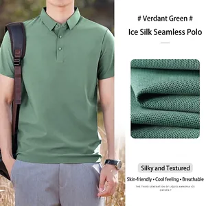Detail view of scallion green cooling polo shirt for men with macro fabric texture view