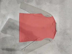 Men's high-quality long sleeve golf polo shirt with red body and grey raglan sleeves