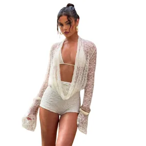 Sexy white lace three-piece set featuring long sleeve halter top and slim fit shorts