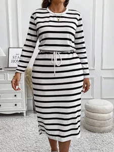 Plus Size Women Horizontal Striped Long Sleeve Dress Casual Drawstring Waist Knitted Polyester Midi Dress Fashion Streetwear
